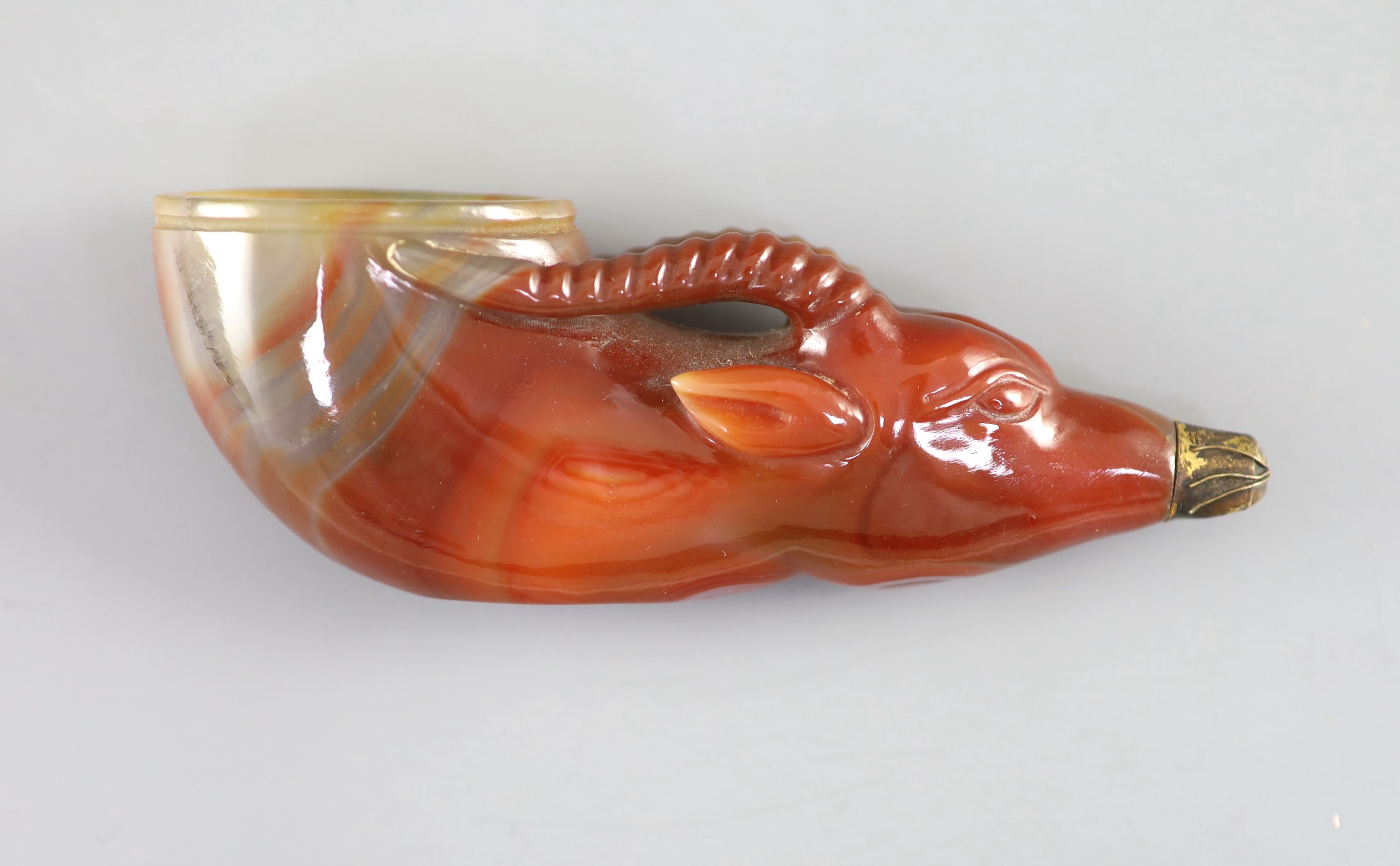 A Chinese chalcedony 'antelope' rhyton, late Qing dynasty, 14.5 cm long